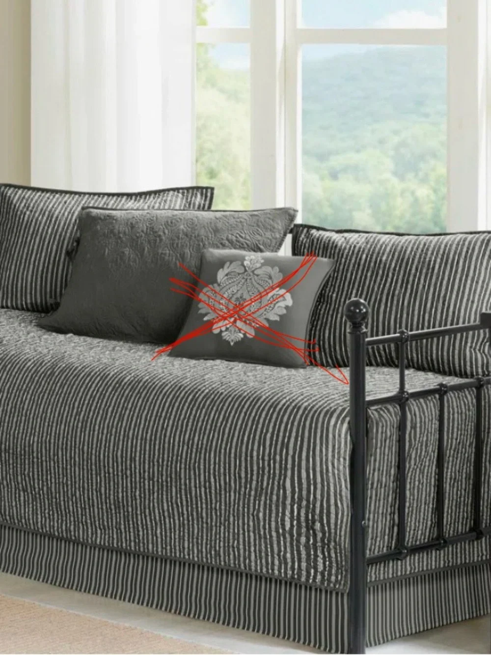 Fitted Reversible Gray Striped Daybed Cover with Three Pillow Cases